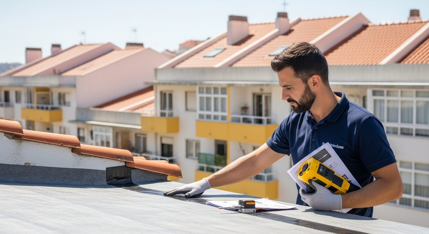 Detalhe técnico de impermeabilização em prédio residencial de Alvalade mostrando qualidade profissional e acabamento especializado para zona familiar